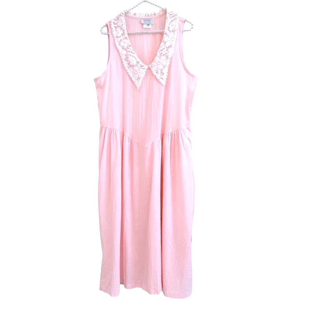 VTG  80s Appel Pink Cotton Lace Collar Midi Dress ILGWU Coquette Cottagecore M